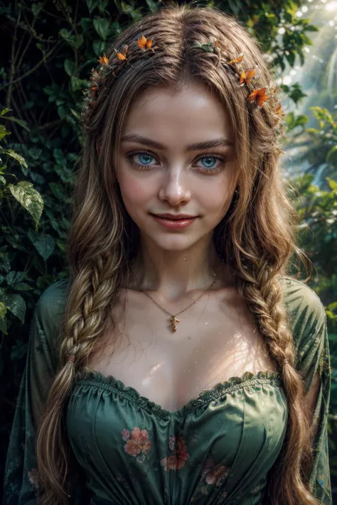 (RAW photo, 8k uhd, Analog style, Masterpiece, Best Quality, Highres:1.3), (dramatic, cinematic:1.2), BREAK,
shot of (ancient:1.1) (busty:0.5) (goddess:1.15) (dryad:1.4) (girl:1.3), (smile:1.1), ancient (ornate:1.1) (intricate tunic:1.3), (sari, dress:1.1), detailed wet shiny skin, (blonde braid:1.25), (big blue shiny eyes:1.15), (looking at viewer:1.1), (ornate tiara, brooch, necklace:1.15), (green clothes:1.1) (made of leaves vines flowers (fern:0.7):1.3), going (waist deep:1.15) in (water:1.35), detailed (overgrown:1.3) (underground:0.5) (mysterious:1.2) (ruins:1.3) (river:1.1), (jungle castle:1.1), (bouquet:1.15), BREAK,
(vines:1.1), (bloom:1.3), (treasures, red butterflies, (flowers:1.1):1.35), (shiny glowing:1.15) (sunlight:1.3), (delight:1.2), (godrays, (colorful:1.1), floral magic, floral, flowering:1.3), (splashes, (waterfalls:1.1), bridges:1.16), (water drops, reflections:1.2), bright (blue:1.2) water, shy expression, (fabulous, mythical:1.2), (light theme:1.1), (rainbow, shiny, glow:1.2), (halo:0.3), magic, (fog:0.3), (light particles:1.2), (film grain:1.2), BREAK,
<lora:more_details:1.0>,
<lora:zoom_slider_v1:3.3>,