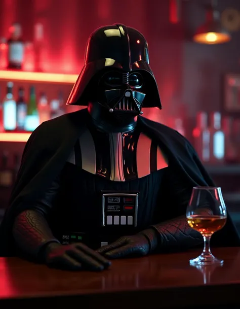 photo of (darth vader:1.3) with astronaut suit, in the bar, with a whisky in the hand, night shot, high detailed suit
