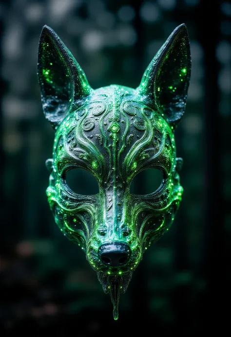 Photograph of a heist mask shaped like a wolf with horror design, metallic green and fluid silver like mercury, minimalistic blurry horror background, horror light
, detailmaximizer, aidmaglow, midjourneyv6.1