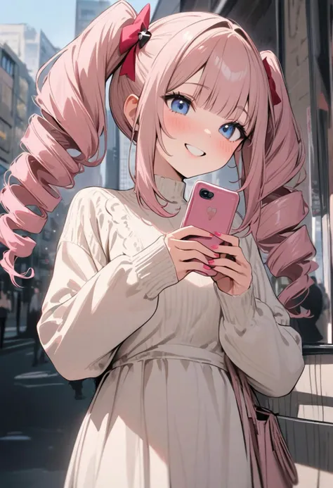 masterpiece, best quality,1girl, hair bow, pink hair, drill hair, twin drills, blunt bangs, no side bangs, blue eyes, smile, long sleeves, white dress, B cup, outside, the city, daytime, happy, pink cellphone, holding cellphone, nail polish, pink nails