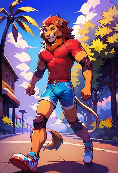 score_9, score_8_up, (furry male), furry, anthro, perfect eyes, riding a skateboard in a park on sidewalk, skateboarding, sidelighting, depth of field , front view, full body view, raised eyebrow, seductive smile, rainbow shirt, rainbow shorts, running shoes, bike helmet, elbow pads knee pads, lion