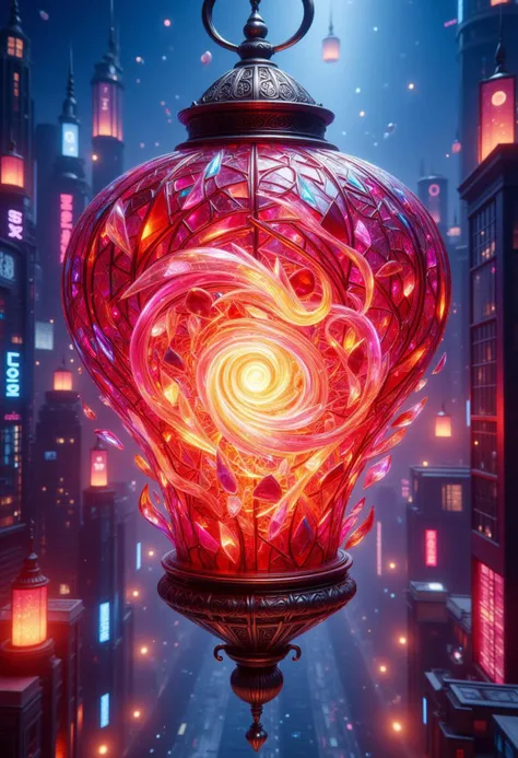 A radiant lantern made entirely of shimmering glass shards, glowing with a vibrant red light, suspended in the middle of a bustling, neon-lit cityscape. The lantern's shards reflect and refract the neon colors of the city below. A glowing spirit dragon, also composed of translucent glass shards, weaves through the skyscrapers, adding to the magical atmosphere. The lantern is adorned with a hand-made sign made from glass shards that reads ‘NEW LORA’ in bold, glowing letters