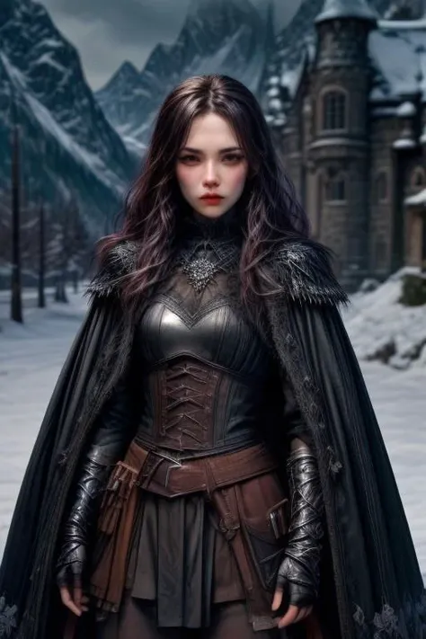 (masterpiece:1.2), (best quality,:1.2), 8k, HDR, ultra detailed, ((photorealistic)), cinematic lighting, cowboy shot, depth of field, Lord of the Ring, dark fantasy,
(female:1.5) vampire hunter, grim expression,
slim face, perfect face, perfect hands, eye contact, realistic face, realistic eyes,
background gloomy castle in snow covered mountains at noon,
