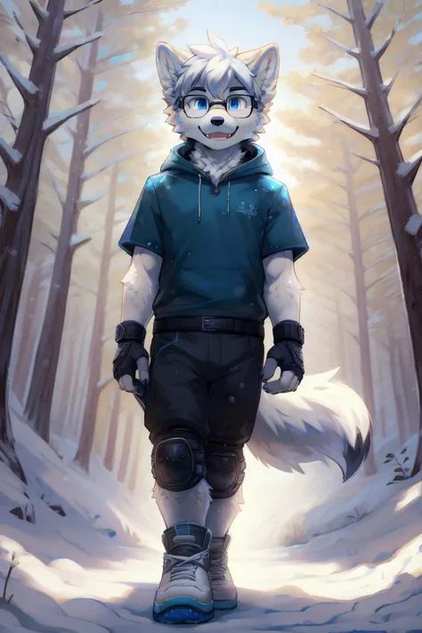 safe_pos, (high quality, high resolution, masterpiece), solo, anime work smiling, man, slender body, (arctic wolf, blue eyes, fangs ), key visual, bright, studio anime, high detail Milkytiger1145:0.9 , from garnetto:0.5, black jeans, white and blue sneakers, T-shirt, hooded windbreaker, glasses, fingerless gloves, knee pads and greaves, in the winter forest 