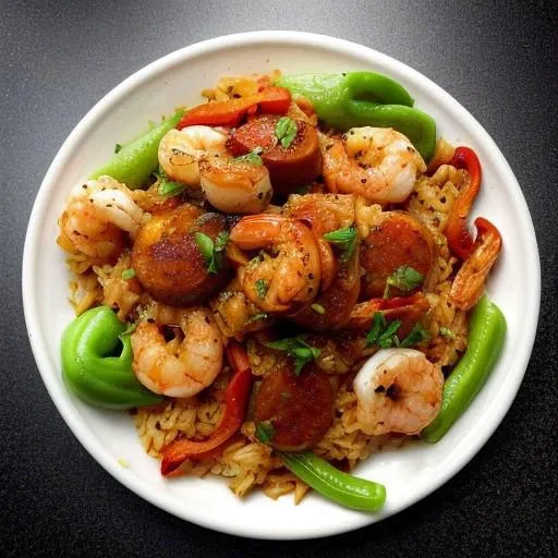 A vibrant plate of jambalaya, filled with spicy andouille sausage, tender shrimp, and juicy chicken, all mixed with seasoned rice, bell peppers, onions, and tomatoes. The dish is colorful and aromatic, with the rice perfectly cooked and slightly crispy at the edges. The scene is set in a lively New Orleans kitchen with a side of cornbread.