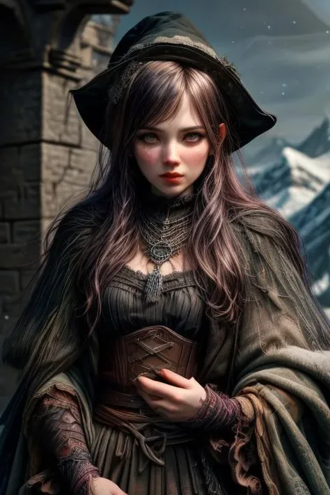 (masterpiece:1.2), (best quality,:1.2), 8k, HDR, ultra detailed, ((photorealistic)), cinematic lighting, cowboy shot, depth of field, Lord of the Ring, dark fantasy, 
(female:1.5) witch, grim expression, 
slim face, perfect face, perfect hands, eye contact, realistic face, realistic eyes,
background gloomy castle in snow covered mountains at noon,