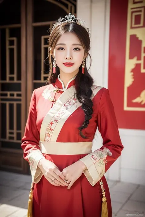 (ultra realistic 8k CG:1.2),perfect artwork,delicate pattern,intricate detail,
(unparalleled masterpiece,best quality:1.2),(extremely intricate:1.2),
(1girl,solo:1.2),woman,
a woman in a red and gold dress, Phoenix crown,hair stick,standing,Cosmetic,blush,shy,black_hair, Cosmetic,(forehead dot), chinese_clothes, curtains, earrings, hair_ornament, hanfu, jewelry, red nails, long_sleeves, red dress, red lips, tassel,
indoors,(Red quilt),(red palace:1.2),(ancient Chinese architecture), photorealistic,masterpiece,highres,8k,depth of field,
character concept,perfect pupils,perfect smiles