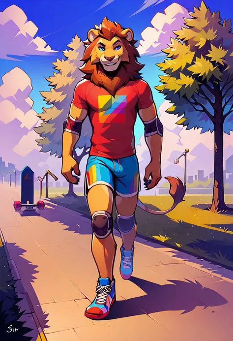 score_9, score_8_up, (furry male), furry, anthro, perfect eyes, riding a skateboard in a park on sidewalk, skateboarding, sidelighting, depth of field , front view, full body view, raised eyebrow, seductive smile, rainbow shirt, rainbow shorts, running shoes, bike helmet, elbow pads knee pads, lion