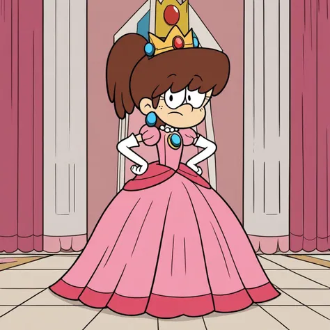 1girl, solo, Lynn Loud, brown hair, ponytail, black eyes, princess make up, p34ch3s-dress, cosplay, crown, blue earrings, jewelry, pink dress, elbow gloves, white gloves, Very long large floor length wide straight tulle long sleeved ball gown hoop skirt, ball gown hoop skirt, princess dress, hoopdress, white pearl necklace, long elbow length princess gloves, my big princess gypsy wedding dress, ballgown, a girl in a dress posing like a princess for a picture, looking at viewer, pretty eyes, she is posing, hands on hips, closed mouth, closed eyes,