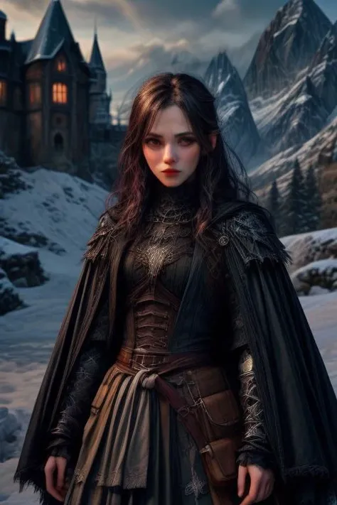 (masterpiece:1.2), (best quality,:1.2), 8k, HDR, ultra detailed, ((photorealistic)), cinematic lighting, cowboy shot, depth of field, Lord of the Ring, dark fantasy,
(female:1.5) vampire hunter, grim expression,
slim face, perfect face, perfect hands, eye contact, realistic face, realistic eyes,
background gloomy castle in snow covered mountains at noon,