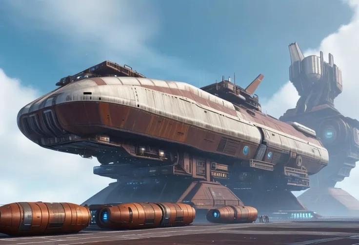 sci-fi, junkworld, spaceport, tarmac, landing pads, (Rusty ship hanger, Rusty tower, (((beautiful, hyper realistic, high quality, highly detailed))), sleek Rusty junkworld neotech spacecraft (freighter), vehicle focus, zoom out,