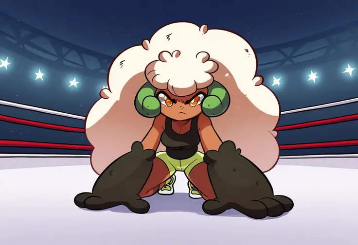 score 9, score 8 up, score 7 up, rating questionable, 1girl,
diives, easynegative, Whimsicott, pokemon \(creature\), lots of hair, excessive hair, white hair, tanned, ram horns, green horns, pout, in a boxing stadium, outside, at night,
tight shorts, black top, black gloves