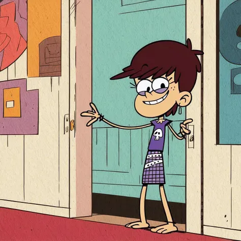 score_9, score_8_up, score_7_up, 1girl, Luna Loud, brown hair, short hair, purple eyeshadow,
smile, looking at viewer, black eyes,
purple shirt, sleeveless, skull on shirt, purple skirt, plaid skirt, barefoot, full body