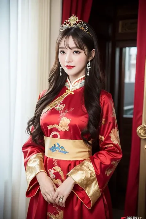 (ultra realistic 8k CG:1.2),perfect artwork,delicate pattern,intricate detail,
(unparalleled masterpiece,best quality:1.2),(extremely intricate:1.2),
(1girl,solo:1.2),woman,
a woman in a red and gold dress, Phoenix crown,hair stick,standing,Cosmetic,blush,shy,black_hair, Cosmetic,(forehead dot), chinese_clothes, curtains, earrings, hair_ornament, hanfu, jewelry, red nails, long_sleeves, red dress, red lips, tassel,wedding dress,
indoors,(Red quilt),(red palace:1.2),(ancient Chinese architecture), photorealistic,masterpiece,highres,8k,depth of field,
character concept,perfect pupils,perfect smiles
