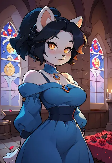 score_9, score_8_up, score_7_up, score_6_up, score_5_up, score_4_up, anthro, t3mmie, hair, black hair, ponytail, blue medieval thick dress with golden lily emblem, neckline, visible breast, off shoulder, (tiny waist, flat stomach, narrow hips):1.4, inside cozy medieval castle, royal chamber, rose petals flying around, atmospheric particels effect, soft lighting, smiling, blush, looking at viewer, volumetric lighting, vivid colours
easynegative, Expressiveh, g0thicPXL, glowing, neon,