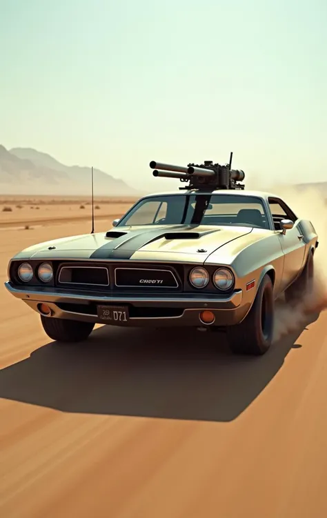 Create an ultra-detailed and realistic image of a custom car, created with parts from many muscle cars, with aerodynamic lines from 1972, but armored with bulletproof plates, with two heavy artillery machine guns on the roof. The car is metal color, with black tinted windows. It is captured in motion with motion blur at full speed through a desert, daylight. The photograph is captured with an Arri Alexa camera, with a zoom lens.<lora:Vintage Muscle Car SDXL:1>