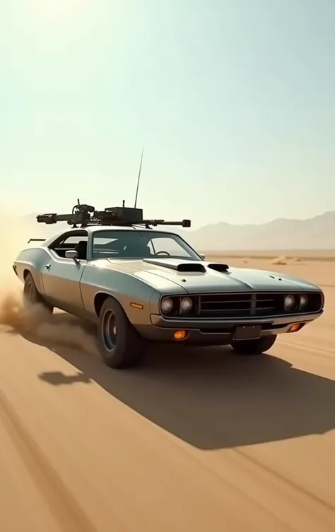 Create an ultra-detailed and realistic image of a custom car, created with parts from many muscle cars, with aerodynamic lines from 1972, but armored with bulletproof plates, with two heavy artillery machine guns on the roof. The car is metal color, with black tinted windows. It is captured in motion with motion blur at full speed through a desert, daylight. The photograph is captured with an Arri Alexa camera, with a zoom lens.<lora:Vintage Muscle Car SDXL:1>