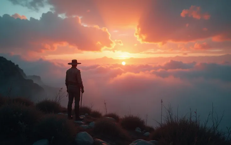 Scene: A surreal, dreamlike dawn over a setting inspired by Ernest Hemingway’s rugged landscapes, brought to life with an art deco twist.
Foreground: The scene is captured with a dynamic pose, showcasing a misty dawn where the horizon is enveloped in swirling fog. Rainbows emerge from the fog, adding a vibrant, almost magical quality to the environment.
Background: The setting transitions smoothly from night to dawn, thanks to Unreal Engine 5's Rendered Landscape technology. The lighting has an art deco style, characterized by bold, geometric patterns and a glamorous, vintage feel.
Details: The environment is rendered in extreme detail, with film grain and a cinematic film still quality. The scene is inspired by vintage photography, featuring elements akin to John Wayne’s painting-inspired character designs and Jim Morrison artwork. The composition is highly contrasted and color-graded to emphasize a cinematic look, reminiscent of high-quality 2000s RAW photos.
Mood: The overall tone is both surreal and vibrant, blending the ethereal beauty of a misty dawn with the dramatic flair of art deco lighting. The photorealistic details and color grading enhance the natural beauty of the scene, creating a high-budget, cinematic feel.
Technical Aspects: The image is rendered in high detail, capturing the essence of vintage photography with a modern, photorealistic approach. The use of Unreal Engine 5 ensures a seamless transition from night to dawn, highlighting the surreal and dynamic qualities of the scene.