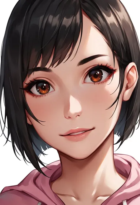 score_9, score_8_up, score_7_up, score_6_up, 1g0r, t0nym0r3, masterpiece, best quality, high detailed, 1girl, solo, brown eyes, medium breasts, black hair, bob haircut, thin, short pink hoodie with hood and zipper, yellow leggings, white sneakers, standing, ((portrait, closeup shot)), white background, eye_focus, close-up, looking_at_viewer, <lora:Eyes_Lora_Pony_Perfect_eyes:0.8>