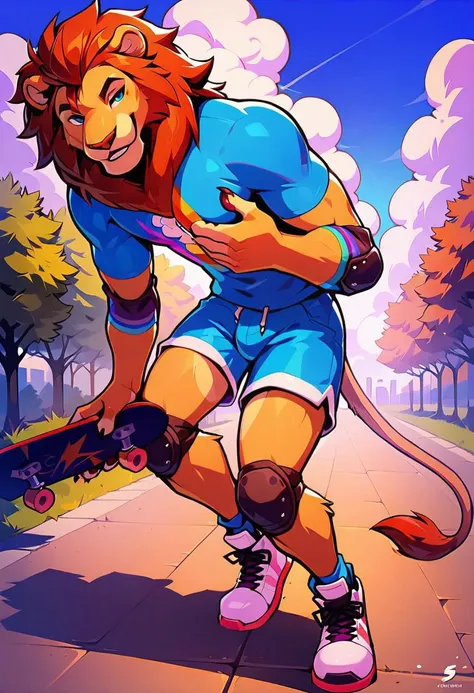 score_9, score_8_up, (furry male), furry, anthro, perfect eyes, riding a skateboard in a park on sidewalk, skateboarding, sidelighting, depth of field , front view, full body view, raised eyebrow, seductive smile, rainbow shirt, rainbow shorts, running shoes, bike helmet, elbow pads knee pads, lion