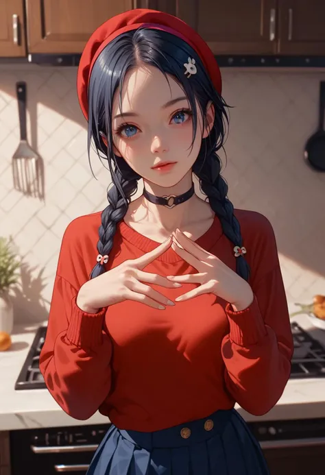 score_9, score_8_up, score_7_up, score_6_up, 1girl , (score_9, score_8_up:1.1), score_7_up,
<lora:Mita:0.75>, dark blue eyes, dark blue hair, braids hair, red hairband, choker, red sweater, blue skirt, hair ornament, pale clean skin, small breasts, detailed background, cute face, dynamic pose, standing, in the kitchen, cooking scrambled eggs, perfect face, perfect hands, natural nails