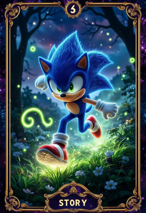 Sonic, running in Green Hill Zone, rings. Tarot Card, glow many details, extreme detailed, full of details
, detailmaximizer, aidmaglow, midjourneyv6.1
