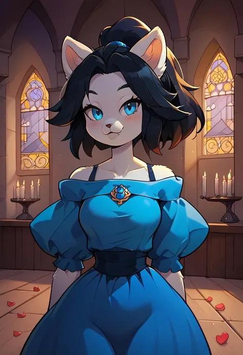 score_9, score_8_up, score_7_up, score_6_up, score_5_up, score_4_up, anthro, t3mmie, hair, black hair, ponytail, blue medieval thick dress with golden lily emblem, neckline, visible breast, off shoulder, (tiny waist, flat stomach, narrow hips):1.4, inside cozy medieval castle, royal chamber, rose petals flying around, atmospheric particels effect, soft lighting, smiling, blush, looking at viewer, volumetric lighting, vivid colours
easynegative, Expressiveh, g0thicPXL, glowing, neon,