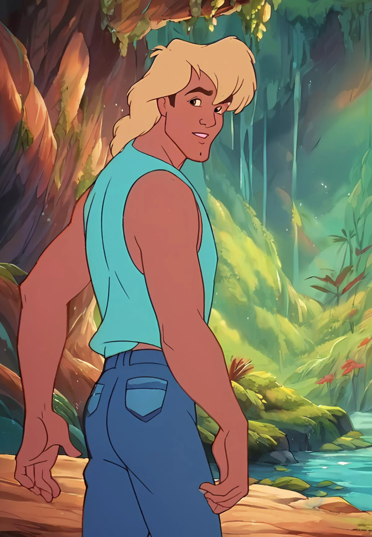 score_9, score_8_up, score_7_up, score_6_up, animation, retro artstyle, disney style, <lora:Zak_pxl_V0.0-000050:0.8> z9k, 1boy, a boy is standing in a forest. he is wearing a blue tank top and blue pants,
location: outdoors, rainforest, watercolour background
artistic composition
<lora:Disney_Renaissance:0.7>