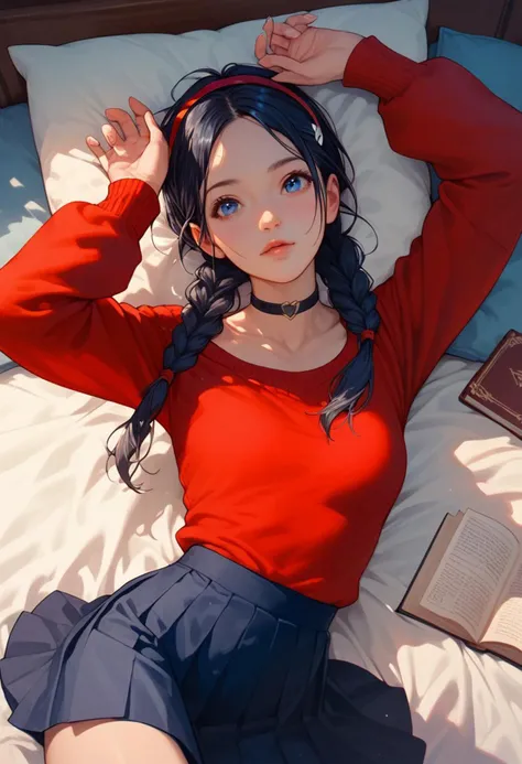 score_9, score_8_up, score_7_up, score_6_up, 1girl , (score_9, score_8_up:1.1), score_7_up,
<lora:Mita:0.75>, dark blue eyes, dark blue hair, braids hair, red hairband, choker, red sweater, blue skirt, hair ornament, pale clean skin, small breasts, detailed background, cute face, dynamic pose, lying on bed, perfect face, lying on the stomach, feet in the air, reading a book, perfect hands, natural nails, looking up to viewer, from above