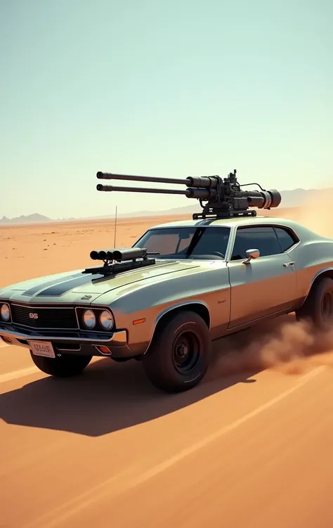 Create an ultra-detailed and realistic image of a custom car, created with parts from many muscle cars, with aerodynamic lines from 1972, but armored with bulletproof plates, with two heavy artillery machine guns on the roof. The car is metal color, with black tinted windows. It is captured in motion with motion blur at full speed through a desert, daylight. The photograph is captured with an Arri Alexa camera, with a zoom lens.<lora:Vintage Muscle Car SDXL:1>