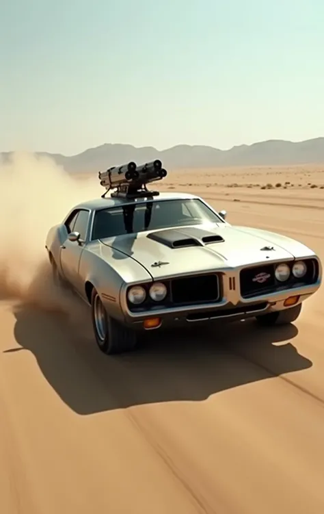 Create an ultra-detailed and realistic image of a custom car, created with parts from many muscle cars, with aerodynamic lines from 1972, but armored with bulletproof plates, with two heavy artillery machine guns on the roof. The car is metal color, with black tinted windows. It is captured in motion with motion blur at full speed through a desert, daylight. The photograph is captured with an Arri Alexa camera, with a zoom lens.<lora:Vintage Muscle Car SDXL:1>