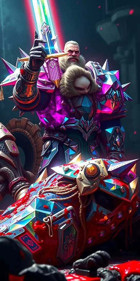 In a dramatic close-up, a titanic embellish ogre lies vanquished unconcious, its gargantuan frame sprawled across the sanguine-soaked terrain. The skinny knight, enshrouded in resplendent, crytal-like diamond-forged delicate transversive armor, stands in exalted victory, brandishing a scintillant reflexive crystal diamond blade. The armor’s prismatic facets refract raibow streaks of light with ambient luminescence aura, creating a dazzling aureole around the triumphant figure. Adhering to the golden ratio, the knight’s stern, elated countenance is rendered with acute focus, his visage a potent amalgam of indomitable resolve and triumphant ecstasy. The scene captures the dynamic crescendo of the confrontation, with the knight’s poised, commanding stance and the diamond sword suspended in mid-thrust, emphasizing the climactic denouement. The ogre’s grotesque, contorted visage accentuates the epic grandeur of the victory, framed within a composition of unparalleled dramatic intensity.
