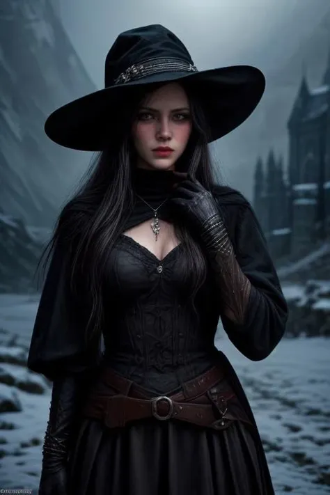 (masterpiece:1.2), (best quality,:1.2), 8k, HDR, ultra detailed, ((photorealistic)), cinematic lighting, cowboy shot, depth of field, Lord of the Ring, dark fantasy, 
(female:1.5) witch, grim expression, 
slim face, perfect face, perfect hands, eye contact, realistic face, realistic eyes,
background gloomy castle in snow covered mountains at noon,
