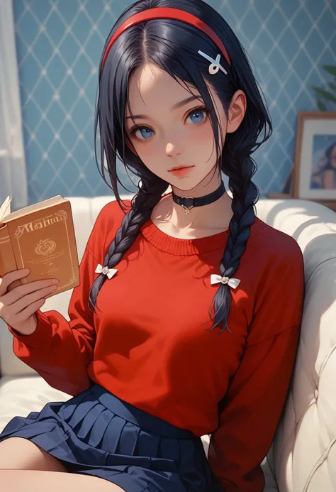 score_9, score_8_up, score_7_up, score_6_up, 1girl , (score_9, score_8_up:1.1), score_7_up,
<lora:Mita:0.75>, dark blue eyes, dark blue hair, braids hair, red hairband, choker, red sweater, blue skirt, hair ornament, pale clean skin, small breasts, detailed background, cute face, dynamic pose, posing, half sitting half lying, perfect face, sitting on the sofa reading a book