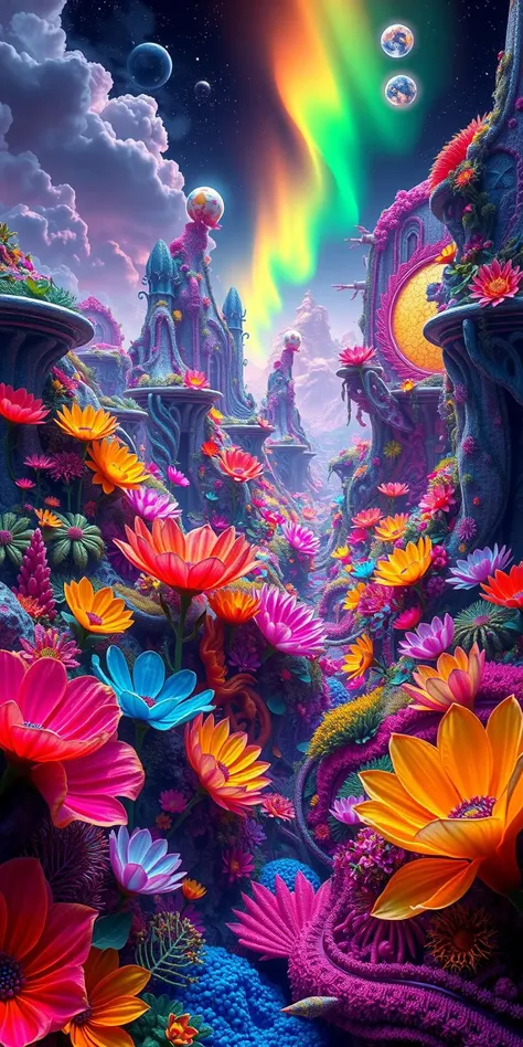 Setting: A surreal, otherworldly landscape or scene that incorporates a multitude of vibrant colors, intricate patterns, and stunning details.
Elements:
Central Focus: A fantastical garden or landscape filled with an array of hyper-realistic and fantastical flowers, plants, and structures. Imagine flowers with petals in every conceivable color and intricate patterns, combined with glowing bioluminescent elements and geometric shapes.
Colors: Use an explosion of colors in the scene. Incorporate every color of the spectrum, including neon and metallic shades, to create a visually overwhelming and captivating experience. Gradient transitions and color blending should be used to enhance vibrancy.
Textures and Patterns: Include an array of textures and patterns to heighten detail. Think of surfaces with intricate fractal patterns, shimmering reflections, and iridescent finishes. The textures should range from smooth and glossy to rough and textured.
Lighting and Effects: Utilize dynamic and dramatic lighting effects to enhance the colors and details. Consider adding multiple light sources with varying intensities and colors, such as a glowing aurora or radiant beams. Include subtle visual effects like sparkling particles, mist, or ethereal glows.
Background and Depth: The background should be filled with layers of detailed elements to create a sense of depth and complexity. Include distant mountains or structures with intricate patterns, lush foliage, and swirling clouds.
High Resolution and Detail: Capture the image using the highest possible resolution camera and lens setup. A resolution exceeding 100 megapixels is ideal, with a focus on preserving every minute detail. Consider using advanced techniques such as focus stacking to ensure sharpness across all layers of the image.
Post-Processing: Apply advanced editing techniques to enhance the vibrancy and saturation of the colors. Use software to adjust brightness, contrast, and color balance to achieve an intense visual impact. Enhance textures and details to ensure nothing is lost in the final image.
Display: Present the image on a high-resolution monitor with excellent color accuracy or print it on large, high-quality media to fully appreciate the detail and vibrancy. Consider using backlighting or LED displays to enhance the visual experience.
Concept Execution:
Subject Choice: For the scene, consider a fantastical underwater coral reef, an alien landscape with glowing flora, or a psychedelic dreamscape filled with swirling patterns and colors.
Artistic Approach: Combine elements of digital art and high-resolution photography, if necessary, to achieve the surreal and hyper-detailed effects.