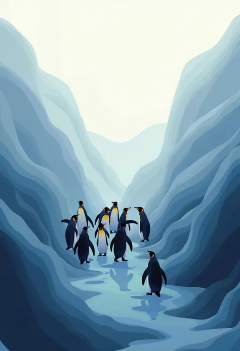 "Imagine an abstract image that embodies the concept of healing and recovery, using the theme of penguins. Incorporate smooth, rhythmic lines that suggest the synchronized and graceful movements of penguins as they swim or march together, with forms that create a sense of flow and harmony. Blend a palette of cool, calming colors like deep blues, soft grays, and gentle whites, reflecting the penguins’ natural environment. Abstract elements such as the silhouette of penguins standing in a group, the curve of a flipper, or the texture of snow and ice can be subtly woven into the design. The image should evoke feelings of resilience, unity, and the healing power that comes from strong social bonds and shared experiences, symbolizing the transition from emotional turmoil to a state of communal strength and peace."