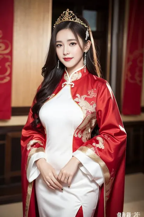 (ultra realistic 8k CG:1.2),perfect artwork,delicate pattern,intricate detail,
(unparalleled masterpiece,best quality:1.2),(extremely intricate:1.2),
(1girl,solo:1.2),woman,
a woman in a red and gold dress, Phoenix crown,hair stick,standing,Cosmetic,blush,shy,black_hair, Cosmetic,(forehead dot), chinese_clothes, curtains, earrings, hair_ornament, hanfu, jewelry, red nails, long_sleeves, red dress, red lips, tassel,wedding dress,
indoors,(Red quilt),(red palace:1.2),(ancient Chinese architecture), photorealistic,masterpiece,highres,8k,depth of field,
character concept,perfect pupils,perfect smiles