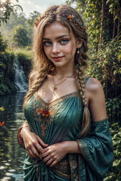 (RAW photo, 8k uhd, Analog style, Masterpiece, Best Quality, Highres:1.3), (dramatic, cinematic:1.2), BREAK,
shot of (ancient:1.1) (busty:0.5) (goddess:1.15) (dryad:1.4) (girl:1.3), (smile:1.1), ancient (ornate:1.1) (intricate tunic:1.3), (sari, dress:1.1), detailed wet shiny skin, (blonde braid:1.25), (big blue shiny eyes:1.15), (looking at viewer:1.1), (ornate tiara, brooch, necklace:1.15), (green clothes:1.1) (made of leaves vines flowers (fern:0.7):1.3), going (waist deep:1.15) in (water:1.35), detailed (overgrown:1.3) (underground:0.5) (mysterious:1.2) (ruins:1.3) (river:1.1), (jungle castle:1.1), (bouquet:1.15), BREAK,
(vines:1.1), (bloom:1.3), (treasures, red butterflies, (flowers:1.1):1.35), (shiny glowing:1.15) (sunlight:1.3), (delight:1.2), (godrays, (colorful:1.1), floral magic, floral, flowering:1.3), (splashes, (waterfalls:1.1), bridges:1.16), (water drops, reflections:1.2), bright (blue:1.2) water, shy expression, (fabulous, mythical:1.2), (light theme:1.1), (rainbow, shiny, glow:1.2), (halo:0.3), magic, (fog:0.3), (light particles:1.2), (film grain:1.2), BREAK,
<lora:more_details:1.0>,
<lora:zoom_slider_v1:3.3>,