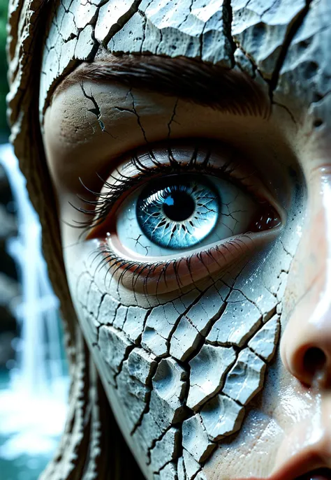 cinematic photo a block of stone, the left half of the block has been carved into a realistic beautiful woman's face, from the eye pours a waterfall
the stone is covered in tiny cracks, the eye is a real photorealistic eye . 35mm photograph, film, bokeh, professional, 4k, highly detailed