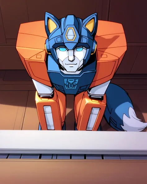 blue eyes, robot Wolf, Blue Wolf,  tail, wolf tail, feral, blue and white body,  transforms into a cassette tape, Autobot, Autobot symbol (Red), [animation:transformers:0.44] score_9_up <lora:Transformers 86 FT:0.8>