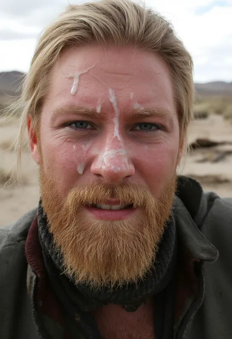 A closeup portrait of a blond man with Cum on face, a rugged beard strides through a dystopian wasteland.