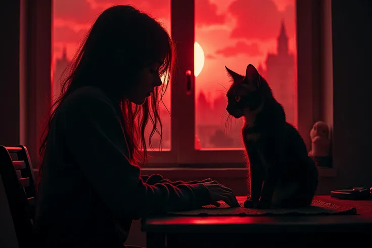 Dark Moody Atmosphere, lofi girl in Hell, beats to despair/suffer to, sitting at infernal desk, demon cat on window sill, hellscape, hell scape outside of window, masterpiece, full frame, photorealistic, highest quality
, dramatic, mysterious, dark moody atmosphere