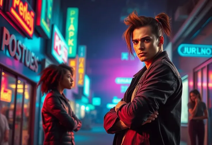 Create an image that captures the intensity and tension of a confrontational moment. Picture a dynamic scene with two characters facing off, set in a modern, urban environment. The background is filled with neon lights, casting a colorful yet moody glow on the characters. The main character, dressed in edgy, street-style clothing, is standing confidently with a determined expression, while the other character, slightly in the background, looks caught off guard. The energy is electric, with a sense of movement as if the scene is frozen mid-action. The overall color palette should be vibrant with strong contrasts, emphasizing the emotions of the confrontation.