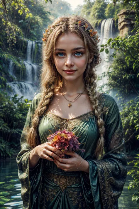 (RAW photo, 8k uhd, Analog style, Masterpiece, Best Quality, Highres:1.3), (dramatic, cinematic:1.2), BREAK,
shot of (ancient:1.1) (busty:0.5) (goddess:1.15) (dryad:1.4) (girl:1.3), (smile:1.1), ancient (ornate:1.1) (intricate tunic:1.3), (sari, dress:1.1), detailed wet shiny skin, (blonde braid:1.25), (big blue shiny eyes:1.15), (looking at viewer:1.1), (ornate tiara, brooch, necklace:1.15), (green clothes:1.1) (made of leaves vines flowers (fern:0.7):1.3), going (waist deep:1.15) in (water:1.35), detailed (overgrown:1.3) (underground:0.5) (mysterious:1.2) (ruins:1.3) (river:1.1), (jungle castle:1.1), (bouquet:1.15), BREAK,
(vines:1.1), (bloom:1.3), (treasures, red butterflies, (flowers:1.1):1.35), (shiny glowing:1.15) (sunlight:1.3), (delight:1.2), (godrays, (colorful:1.1), floral magic, floral, flowering:1.3), (splashes, (waterfalls:1.1), bridges:1.16), (water drops, reflections:1.2), bright (blue:1.2) water, shy expression, (fabulous, mythical:1.2), (light theme:1.1), (rainbow, shiny, glow:1.2), (halo:0.3), magic, (fog:0.3), (light particles:1.2), (film grain:1.2), BREAK,
<lora:more_details:1.0>,
<lora:zoom_slider_v1:3.3>,