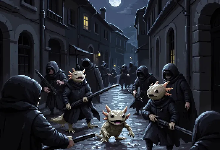 In a narrow, cobblestone street at midnight, a group of axolotl mercenaries ambushes a lone courier, their weapons glinting in the moonlight as they close in. The perspective is from above, looking down on the scene as the courier tries to flee, its eyes wide with fear and its frills pressed flat against its head. The mercenaries are dressed in dark, heavy cloaks, their faces obscured by hoods, and their movements are swift and silent as they surround the courier, cutting off any chance of escape. The street is lined with tall, dark buildings, their windows dark and foreboding, while the cobblestones are slick with rain, reflecting the faint light of the moon and the occasional flicker of a distant lantern. The painting captures the sudden violence and betrayal of the ambush with a style that emphasizes the sharp contrasts of light and shadow, using fine details to convey the terror of the courier and the ruthless efficiency of the mercenaries., pixel art