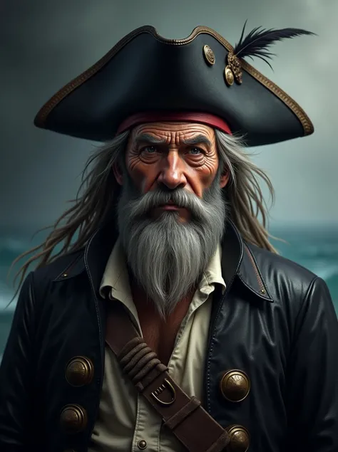 Minecraft style A hyper-realistic and highly detailed portrait of an older pirate, capturing the essence of a seasoned and formidable seafarer. The pirate has long, unkempt gray hair cascading down to his shoulders, and a thick, grizzled beard that shows the wear of time and battles fought. His face is deeply weathered, with pronounced wrinkles and scars that tell the story of years spent at sea. His eyes are sharp and intense, filled with the wisdom and danger of a life lived on the edge. He wears a traditional black tricorn hat, slightly worn, with a single dark feather protruding from the side.,
The pirate is dressed in a dark, heavy coat made of rugged leather, adorned with large, tarnished brass buttons that gleam subtly in the low light. Underneath, he wears a tattered, off-white linen shirt that has seen better days, adding to the rugged and authentic appearance. A thick, weathered rope is draped across his chest, tied in a knot, hinting at his life on the ship.,
The lighting is dramatic and moody, with deep shadows that carve out the strong features of his face, emphasizing the rough texture of his skin and the salt-and-pepper strands of his beard. The background is a muted, smoky gradient, adding to the mysterious and ominous atmosphere, with subtle hints of a stormy sea in the distance. The overall color palette is dark and muted, with rich browns, blacks, and grays dominating the scene, enhancing the feeling of age and experience. The mood of the image is somber yet powerful, evoking the relentless and enduring spirit of the pirate, a man who has seen the darkest corners of the world and survived. . Blocky, pixelated, vibrant colors, recognizable characters and objects, game assets