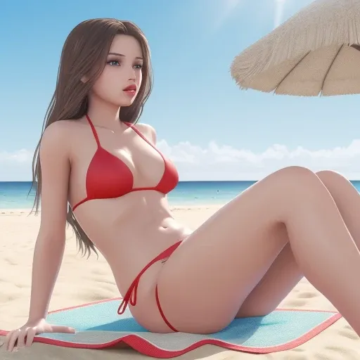 image of a teen girl,perfect breasts, brown hair,brown eyes,big lips, red lipstick, slim torso,big butt, red bikini bikini,looking at the camera,at the beach,sitting on a towel,4k,8k,hd,uhd,photorealistic,beautiful