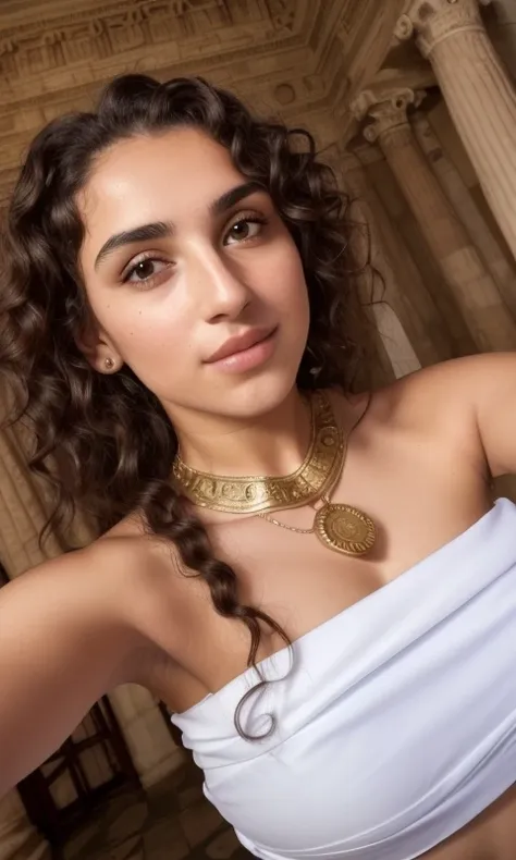 lonely young greek woman, curly hair, white skin, ((ancient roman headdress, ancient roman woman dress)), attractive, top model, (((taking selfie, selfie, front camera))), necklace, bracelet, aesthetic, beautiful, cute, beauty goddess, goddess, lovely ((ancient roman buildings)), ((night)), teen style, teen theme, natural light, stunning, highly detailed, 8k, dehazed, highly recommended, sharp focus, attractive pose ((High detail RAW color Photo)), sharp eyebrows, wide-eyes, (((spoon body shape))), cute, soft smile, smiling, ((sharp gaze, eyes looking at the camera))