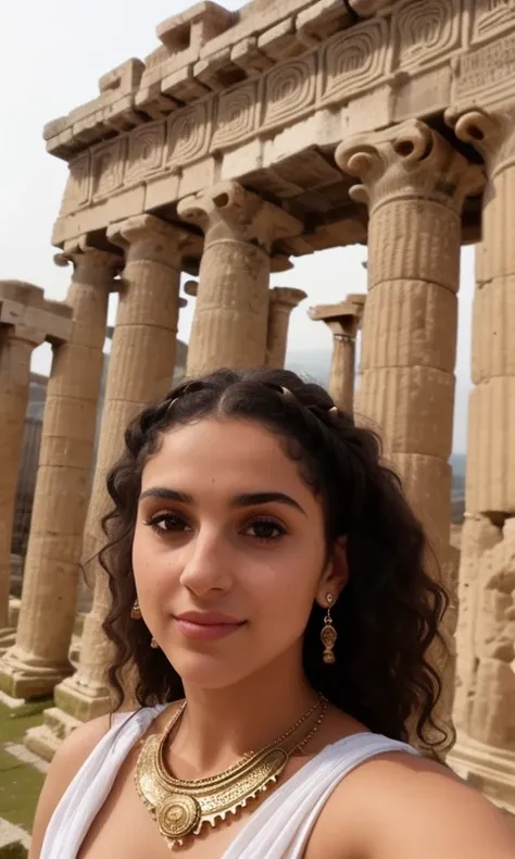 lonely young greek woman, curly hair, white skin, ((ancient roman headdress, ancient roman woman dress)), attractive, top model, (((taking selfie, selfie, front camera))), necklace, bracelet, aesthetic, beautiful, cute, beauty goddess, goddess, lovely ((ancient roman buildings)), ((night)), teen style, teen theme, natural light, stunning, highly detailed, 8k, dehazed, highly recommended, sharp focus, attractive pose ((High detail RAW color Photo)), sharp eyebrows, wide-eyes, (((spoon body shape))), cute, soft smile, smiling, ((sharp gaze, eyes looking at the camera))