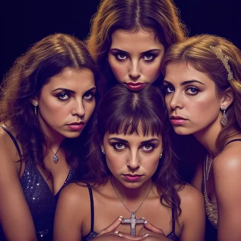 inspired by queen band cover album but as young woman, (((4girls, 4 girls, diamond formation photo))), black background, (((overhead lighting))), blank expressions, ((woman on front crosses her hands over her chest)), eyes look the view, heads tilted back, centre of the frame, centre framing, intense lighting, diffused lighting, dark, stunning, highly detailed, 8k, highly recommended, sharp focus, ((High detail RAW Photo)), ((detailed facial features)),